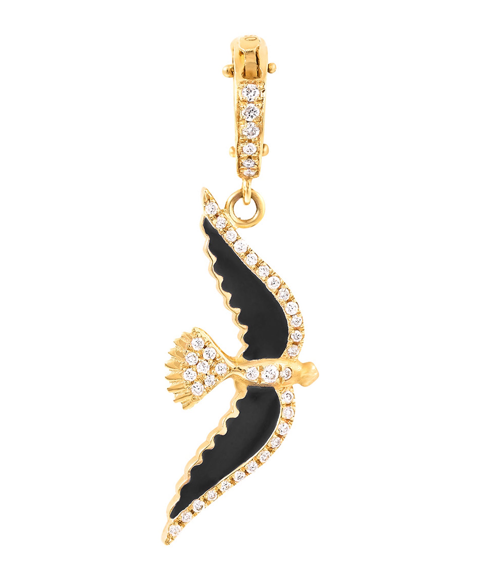  J by boghossian, white diamonds, gold, charm, pendant, bird, black enamel