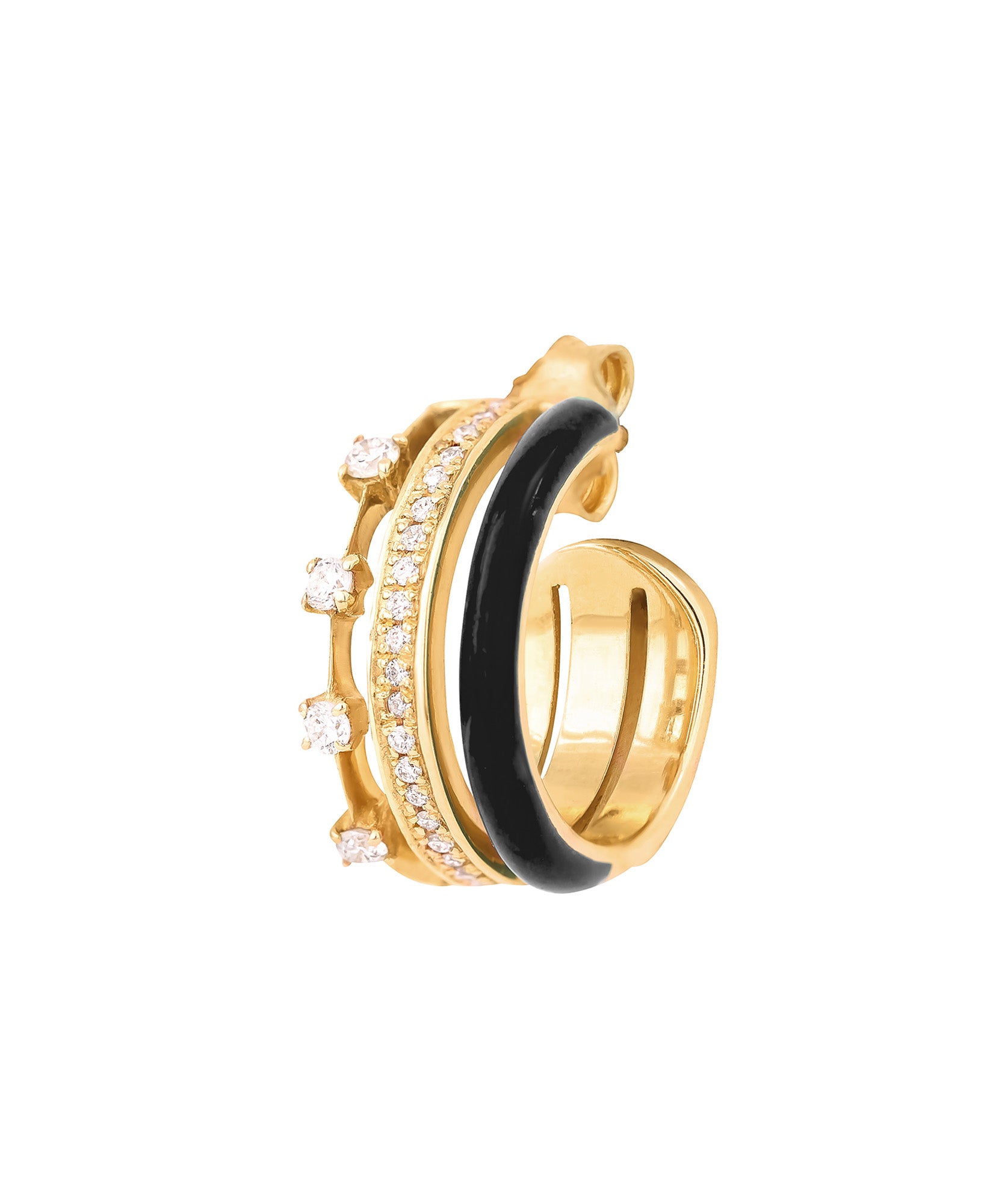 J by boghossian, gold, earring, hoop, triple hoop, white diamond, black enamel