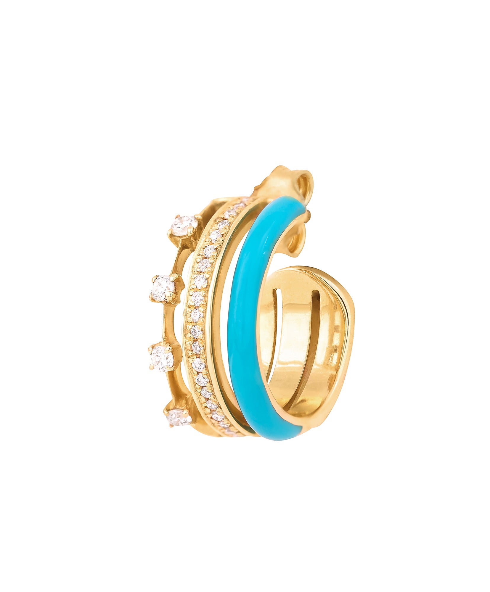 J by boghossian, gold, earring, hoop, triple hoop, white diamond, turquoise enamel