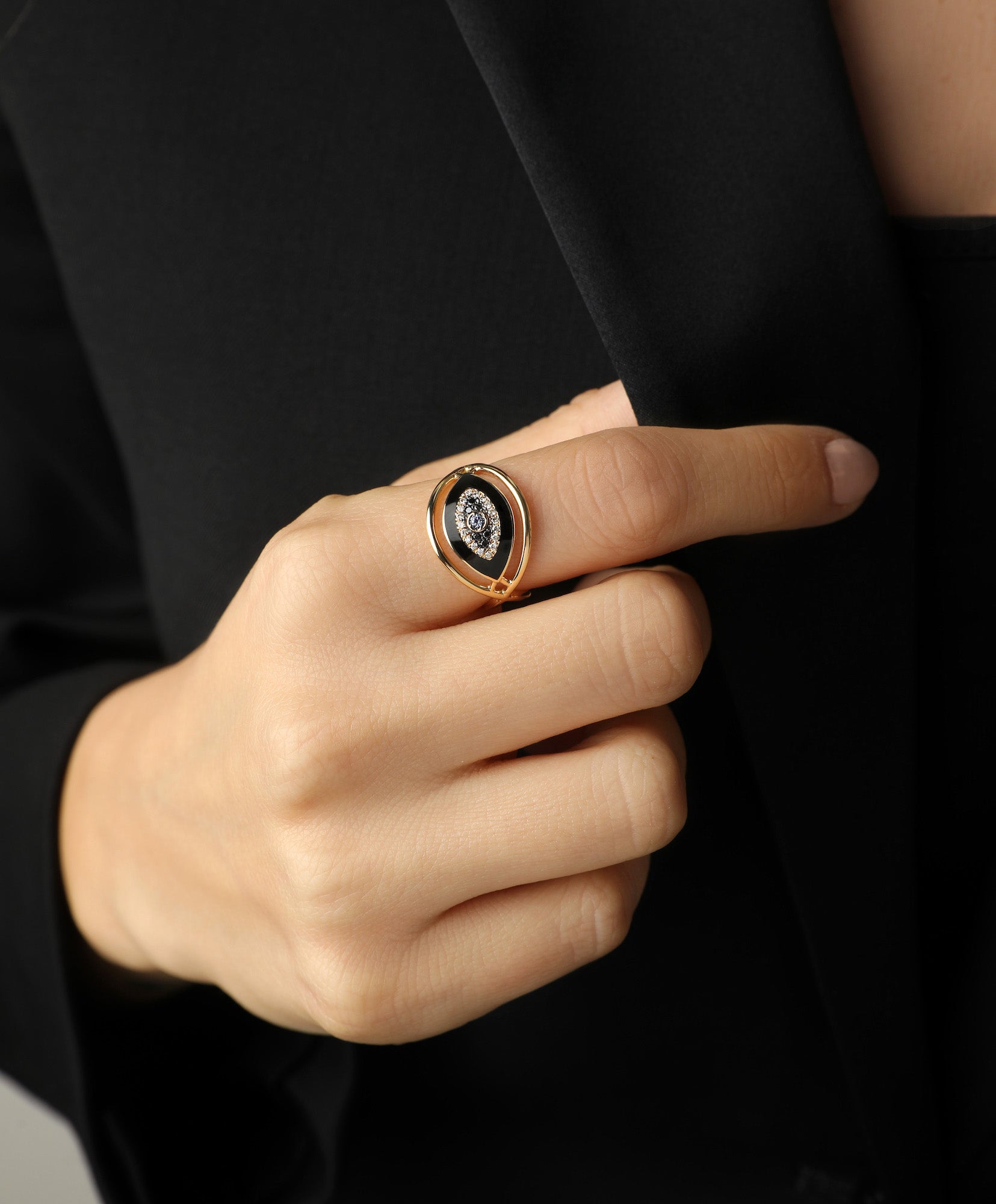 J by boghossian, white diamond, gold, ring, eye, evil eye, sapphire, black diamond, black enamel