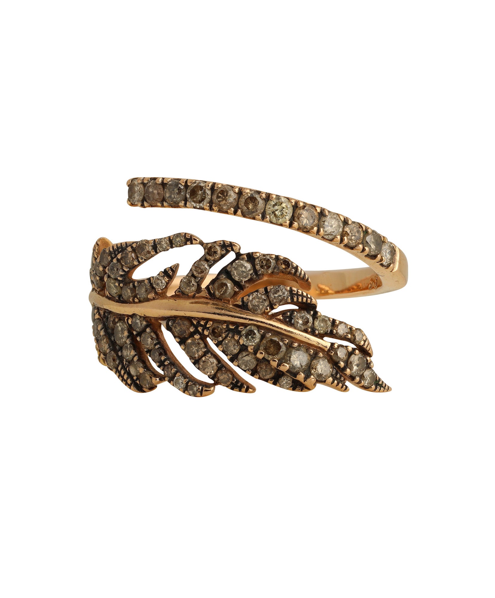 J by boghossian, white diamond, gold, ring, leaf, brown diamonds