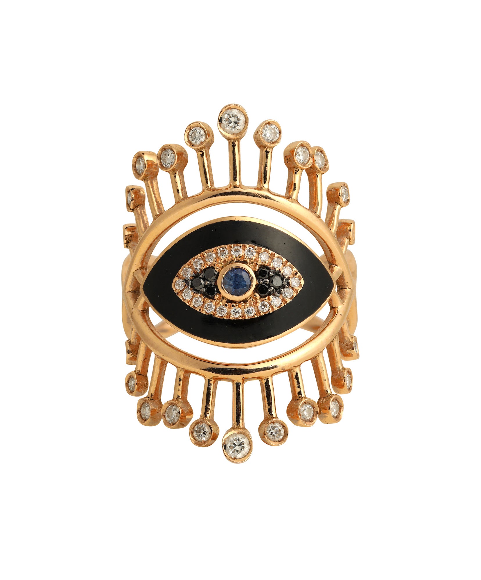 J by boghossian, gold, ring, evil eye, eye, diamond, black diamond, sapphire